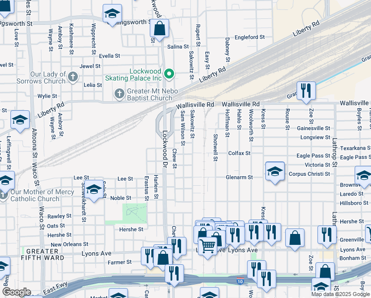 map of restaurants, bars, coffee shops, grocery stores, and more near 2415 Sam Wilson Street in Houston