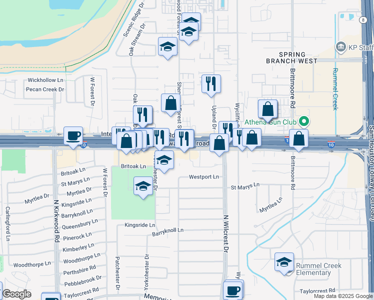 map of restaurants, bars, coffee shops, grocery stores, and more near 11111 Interstate 10 Frontage Road in Houston