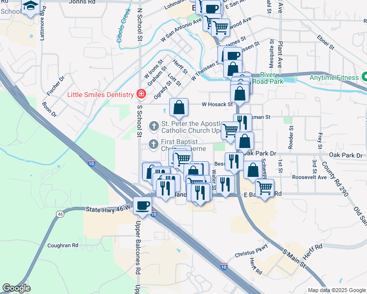map of restaurants, bars, coffee shops, grocery stores, and more near 112 Francis Avenue in Boerne