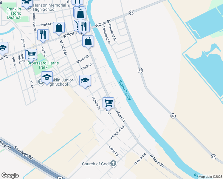 map of restaurants, bars, coffee shops, grocery stores, and more near 122 Oak St in Franklin