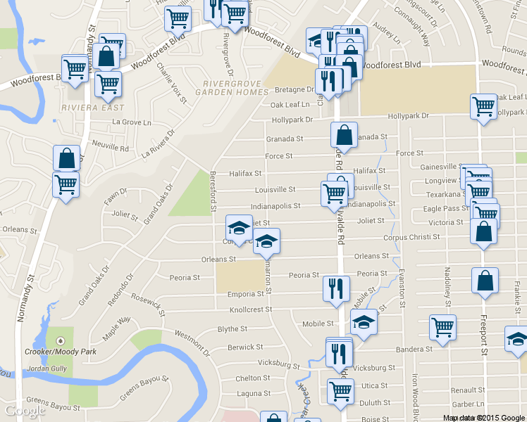 map of restaurants, bars, coffee shops, grocery stores, and more near 13230 Indianapolis Street in Houston