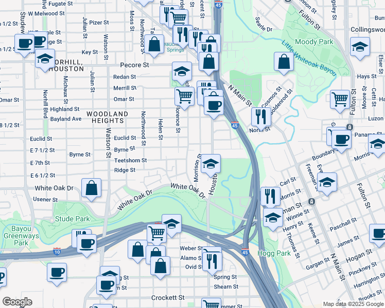 map of restaurants, bars, coffee shops, grocery stores, and more near 2801 Beauchamp Street in Houston