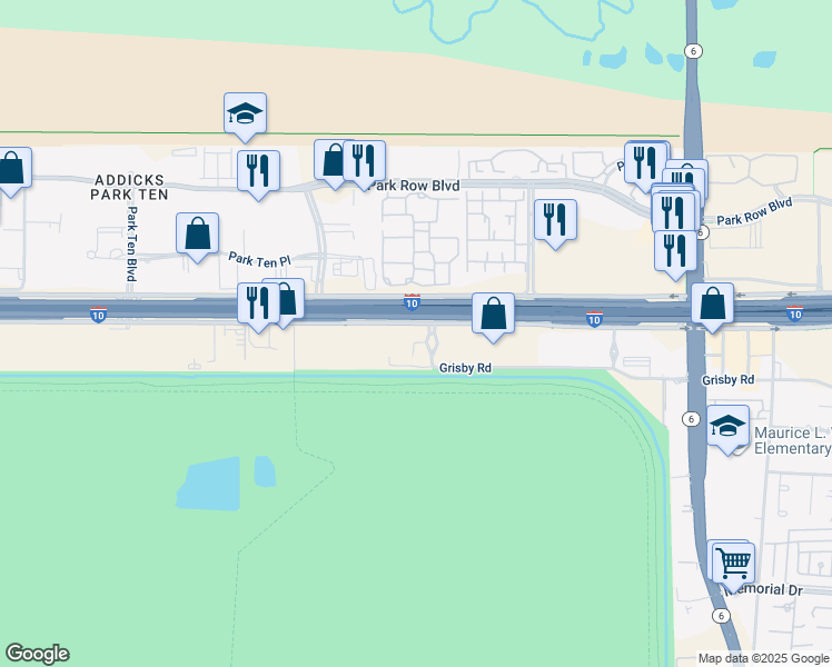 map of restaurants, bars, coffee shops, grocery stores, and more near 15415 Interstate 10 Frontage Road in Houston
