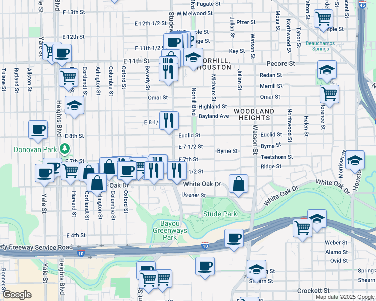 map of restaurants, bars, coffee shops, grocery stores, and more near 1112 East 7 1/2 Street in Houston
