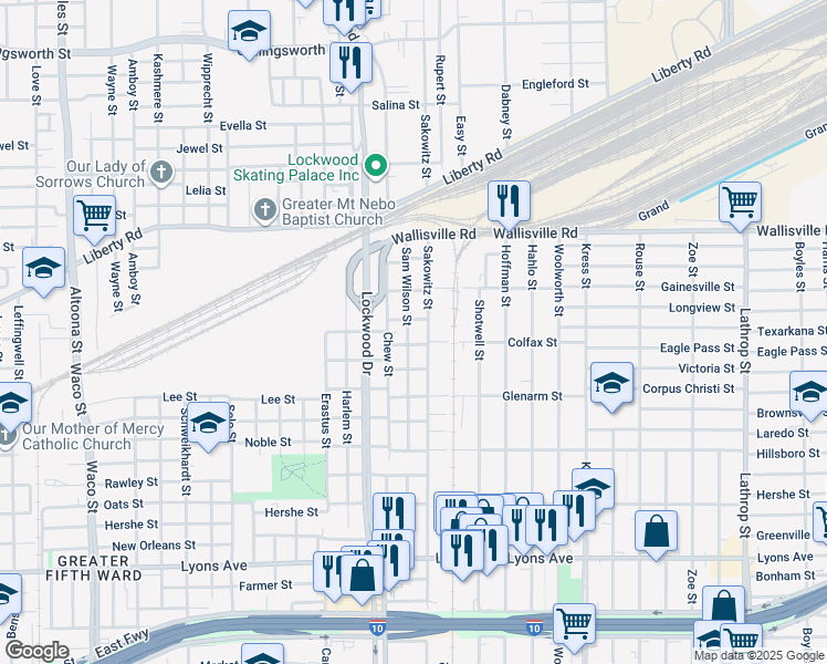 map of restaurants, bars, coffee shops, grocery stores, and more near 2415 Sam Wilson Street in Houston