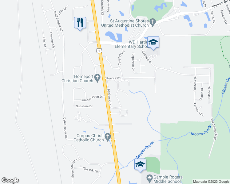 map of restaurants, bars, coffee shops, grocery stores, and more near 125 Bayberry Circle in St. Augustine