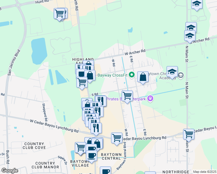 map of restaurants, bars, coffee shops, grocery stores, and more near 812 S Rd in Baytown