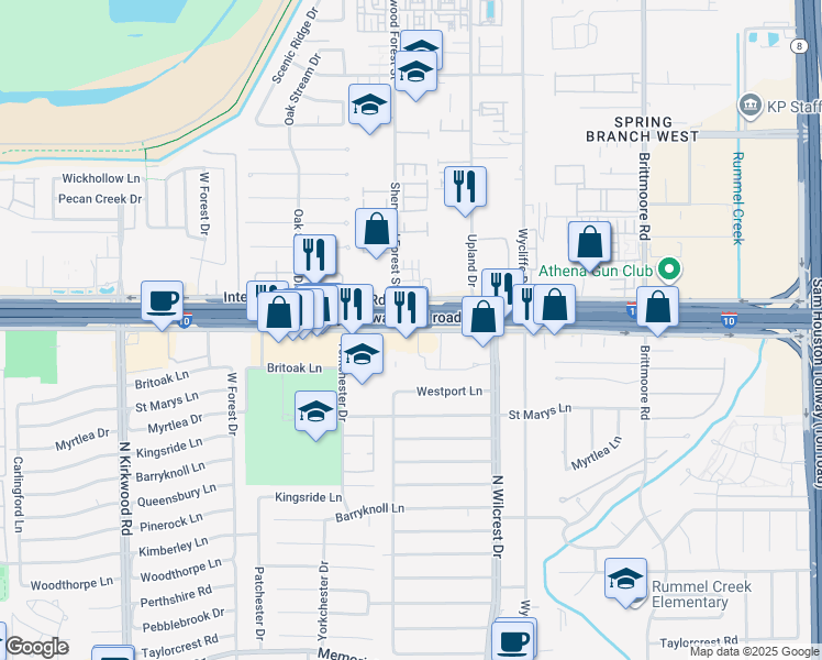 map of restaurants, bars, coffee shops, grocery stores, and more near 11111 Interstate 10 Frontage Road in Houston