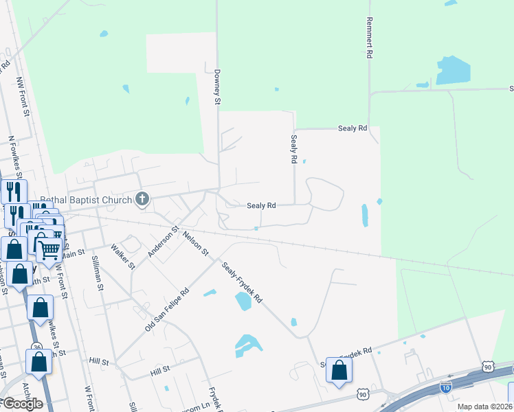 map of restaurants, bars, coffee shops, grocery stores, and more near 1030 Sealy Road in Sealy