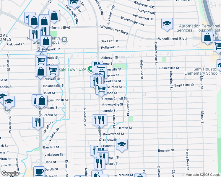 map of restaurants, bars, coffee shops, grocery stores, and more near 13938 Eagle Pass Street in Houston