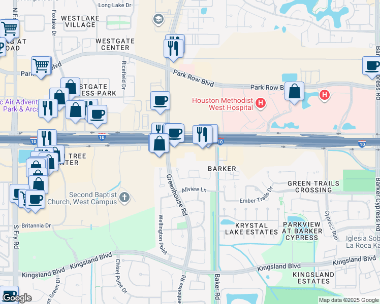 map of restaurants, bars, coffee shops, grocery stores, and more near 19219 Katy Freeway in Houston