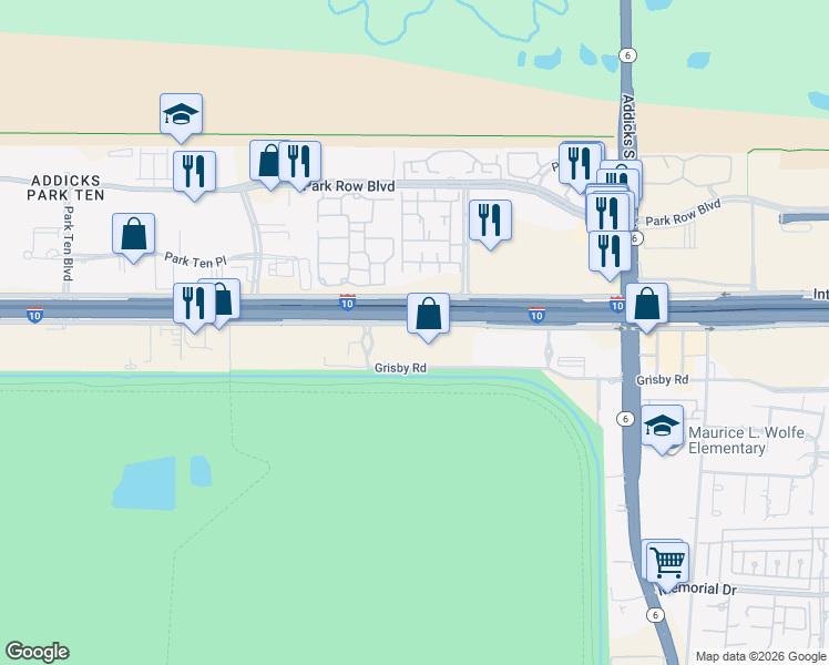 map of restaurants, bars, coffee shops, grocery stores, and more near 15385 Interstate 10 Frontage Road in Houston