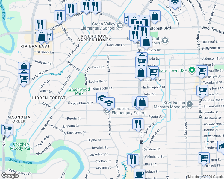 map of restaurants, bars, coffee shops, grocery stores, and more near 13230 Indianapolis Street in Houston
