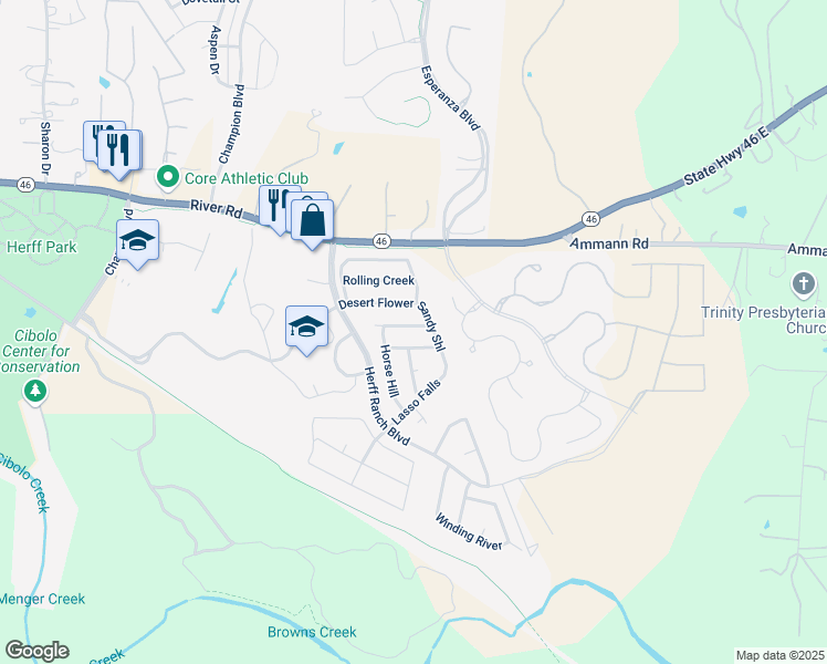 map of restaurants, bars, coffee shops, grocery stores, and more near 155 Lilly Creek in Boerne
