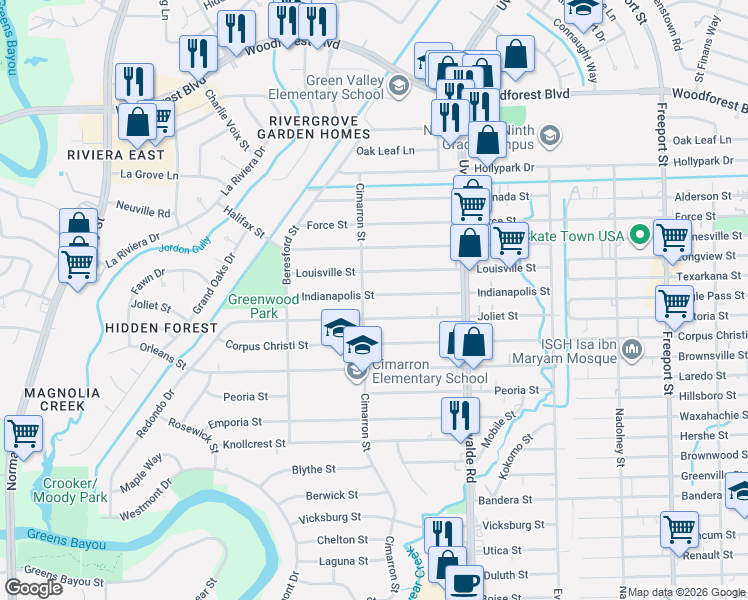 map of restaurants, bars, coffee shops, grocery stores, and more near 13230 Indianapolis Street in Houston