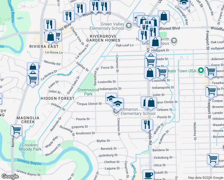 map of restaurants, bars, coffee shops, grocery stores, and more near 13230 Indianapolis Street in Houston