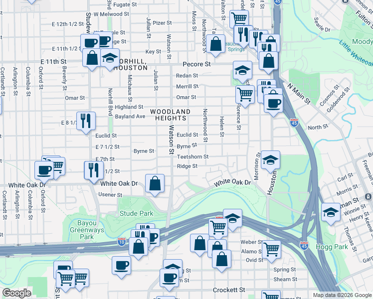 map of restaurants, bars, coffee shops, grocery stores, and more near 619 Teetshorn Street in Houston