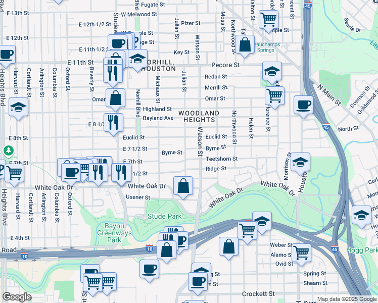 map of restaurants, bars, coffee shops, grocery stores, and more near 2810 Julian Street in Houston