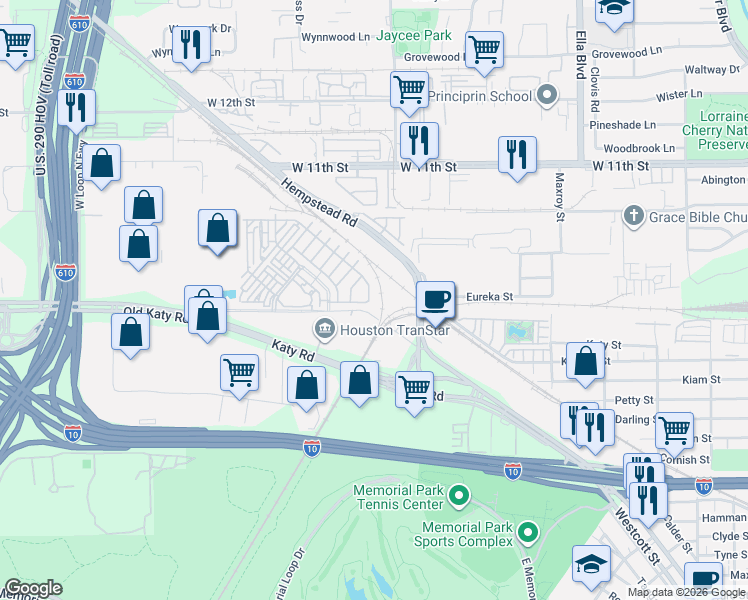 map of restaurants, bars, coffee shops, grocery stores, and more near 6920 Old Katy Road in Houston
