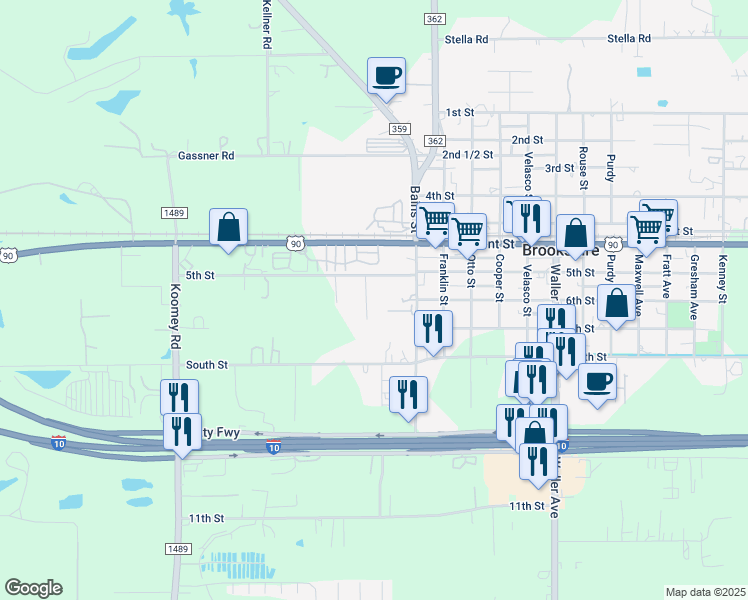 map of restaurants, bars, coffee shops, grocery stores, and more near 3491 5th Street in Brookshire