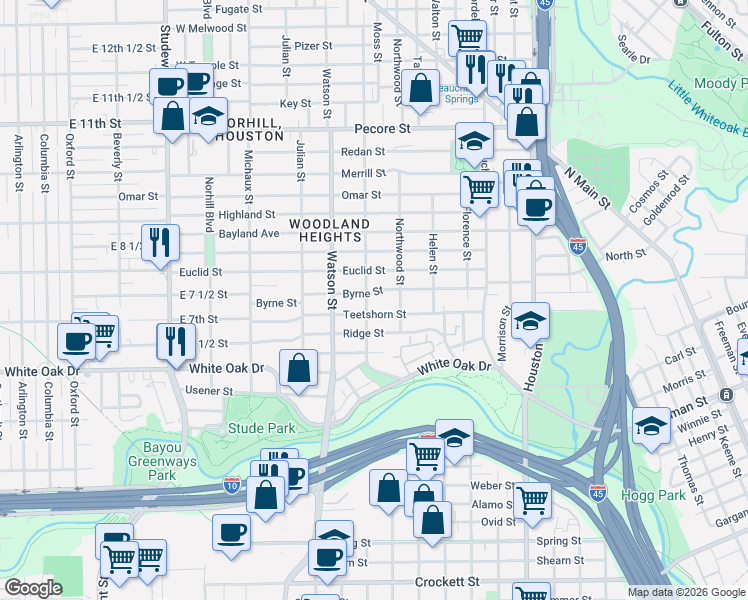 map of restaurants, bars, coffee shops, grocery stores, and more near 619 Teetshorn Street in Houston
