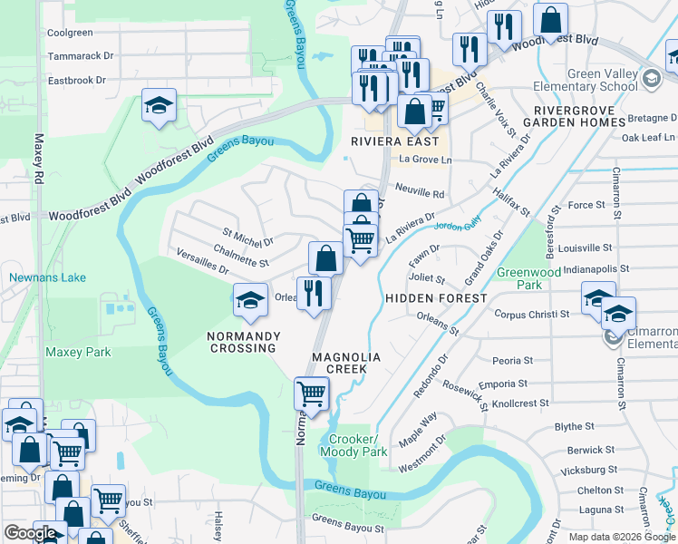 map of restaurants, bars, coffee shops, grocery stores, and more near 795 Normandy Street in Houston