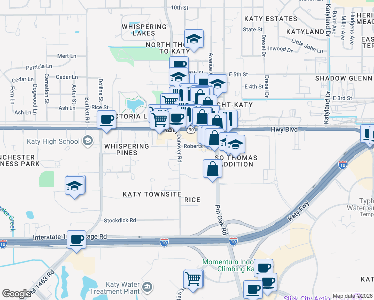 map of restaurants, bars, coffee shops, grocery stores, and more near 5719 Roberts Road in Katy