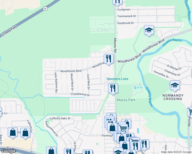 map of restaurants, bars, coffee shops, grocery stores, and more near 12210 Wood Spring Lane in Houston