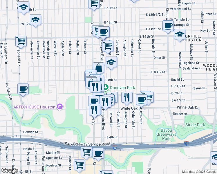 map of restaurants, bars, coffee shops, grocery stores, and more near 725 Harvard Street in Houston