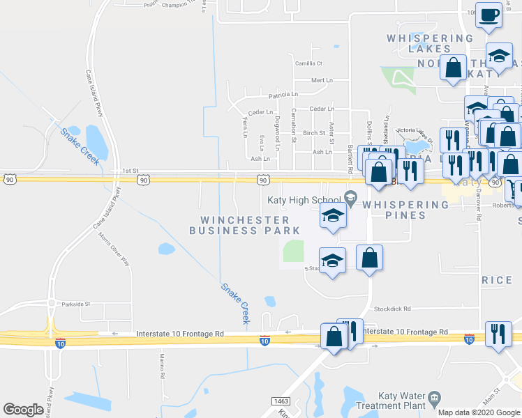 map of restaurants, bars, coffee shops, grocery stores, and more near 847 Alabama Street in Katy