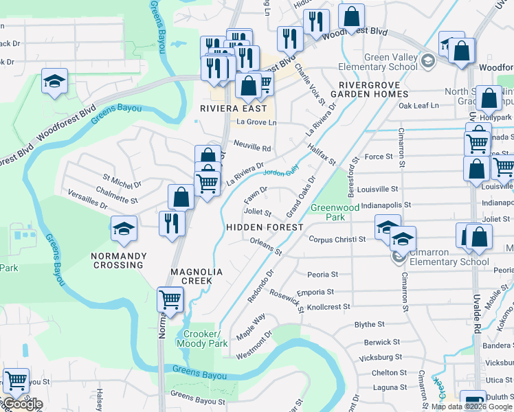 map of restaurants, bars, coffee shops, grocery stores, and more near 12814 Joliet Street in Houston