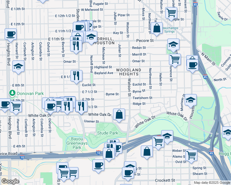 map of restaurants, bars, coffee shops, grocery stores, and more near 2810 Julian Street in Houston