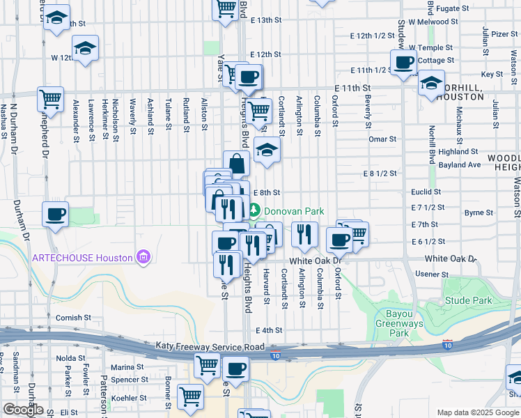 map of restaurants, bars, coffee shops, grocery stores, and more near 718 Heights Boulevard in Houston