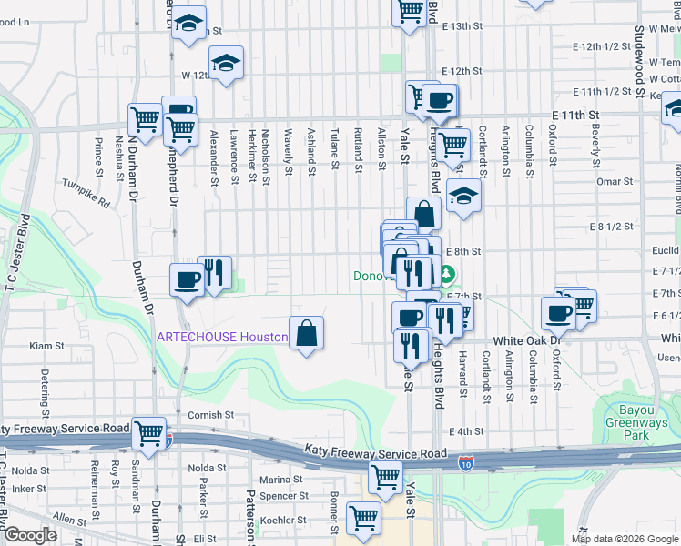 map of restaurants, bars, coffee shops, grocery stores, and more near 721 Rutland Street in Houston