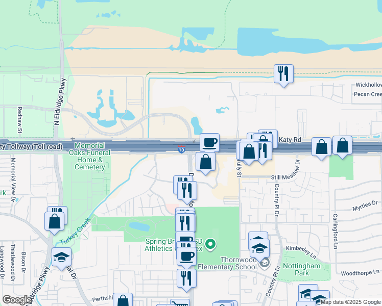 map of restaurants, bars, coffee shops, grocery stores, and more near 12401 Interstate 10 Frontage Road in Houston