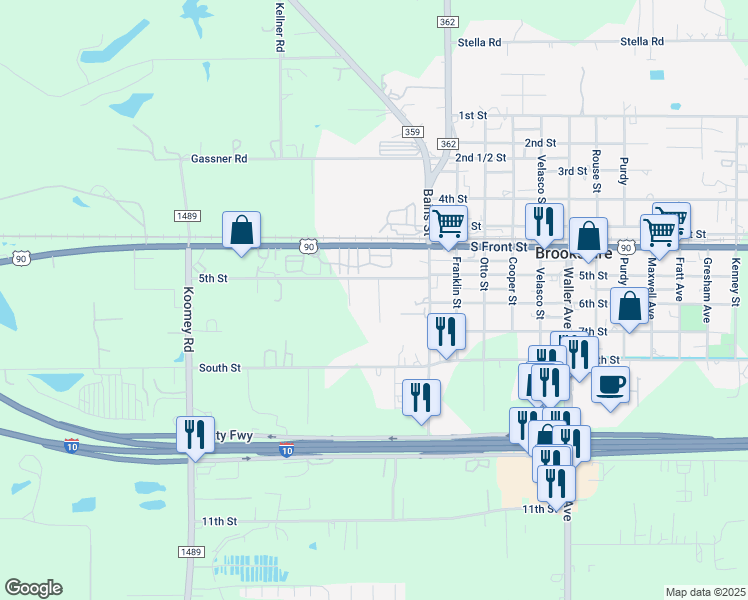 map of restaurants, bars, coffee shops, grocery stores, and more near 3491 5th Street in Brookshire