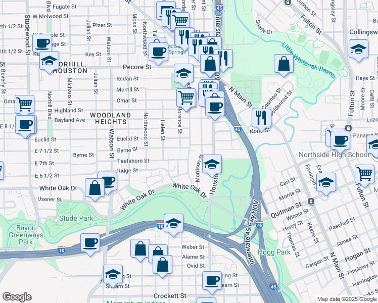 map of restaurants, bars, coffee shops, grocery stores, and more near 2815 Beauchamp Street in Houston