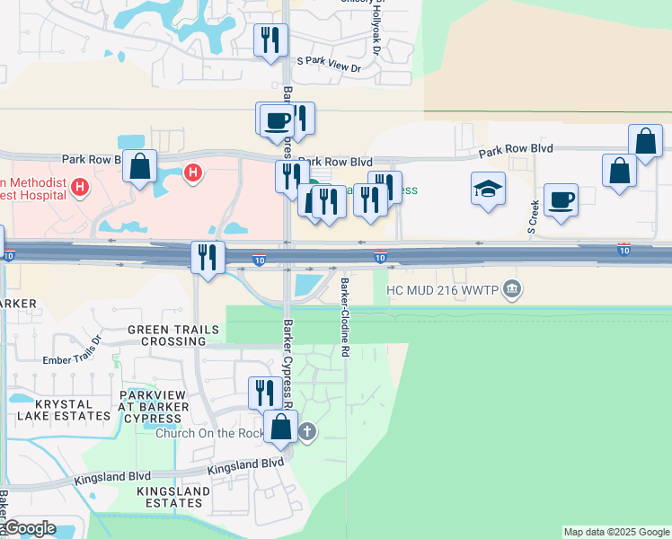 map of restaurants, bars, coffee shops, grocery stores, and more near 12491 Barker-Cypress Access Road in Houston