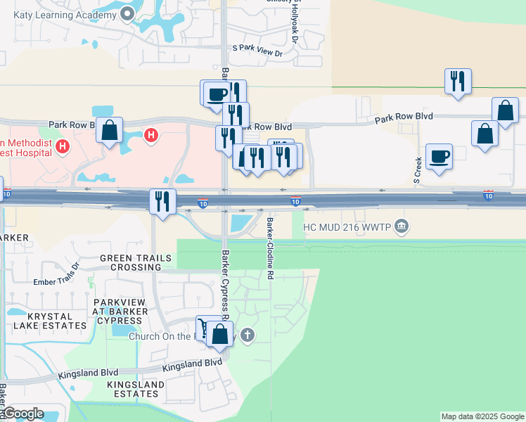 map of restaurants, bars, coffee shops, grocery stores, and more near 12507 Barker-Cypress Access Road in Houston