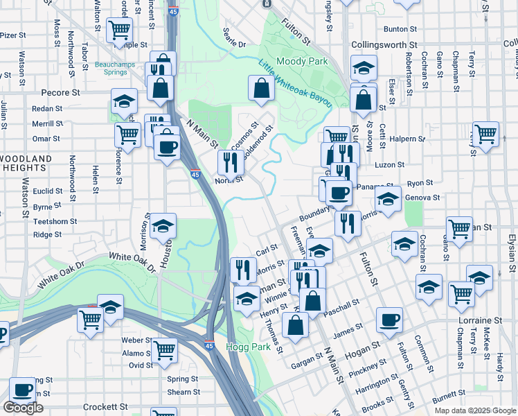 map of restaurants, bars, coffee shops, grocery stores, and more near 2623 Keene Street in Houston