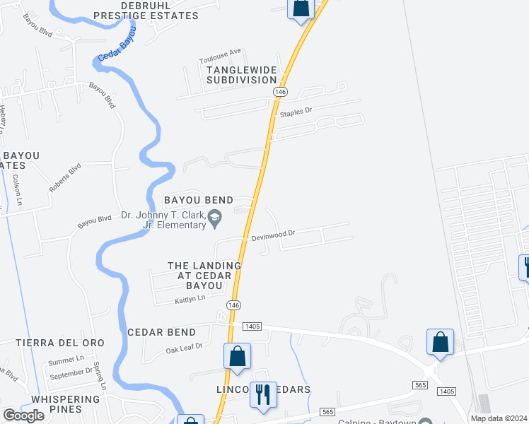 map of restaurants, bars, coffee shops, grocery stores, and more near 8407 Sandy Creek Drive in Baytown