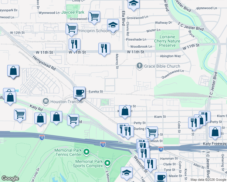 map of restaurants, bars, coffee shops, grocery stores, and more near 6603 Eureka Street in Houston