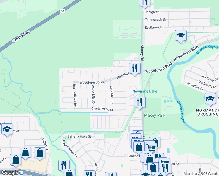 map of restaurants, bars, coffee shops, grocery stores, and more near 12103 Wood Spring Lane in Houston