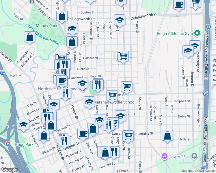 map of restaurants, bars, coffee shops, grocery stores, and more near 2417 Gano Street in Houston