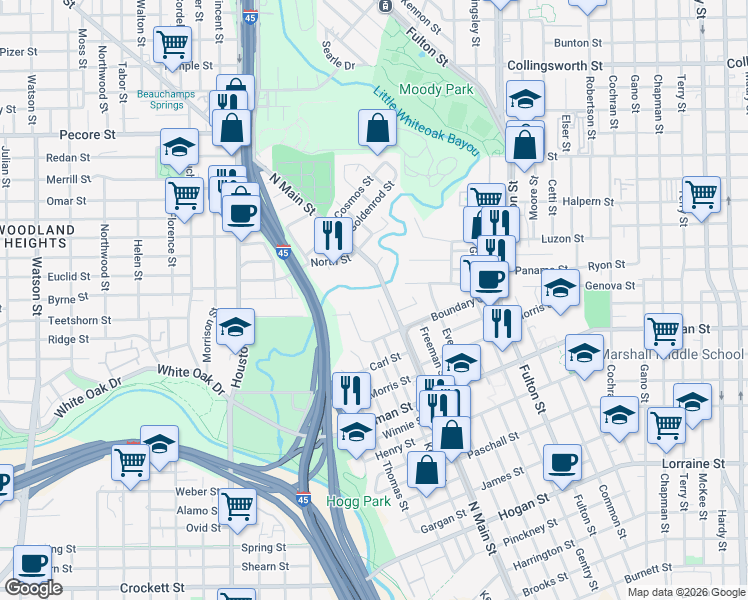 map of restaurants, bars, coffee shops, grocery stores, and more near 2518 Ideal Street in Houston