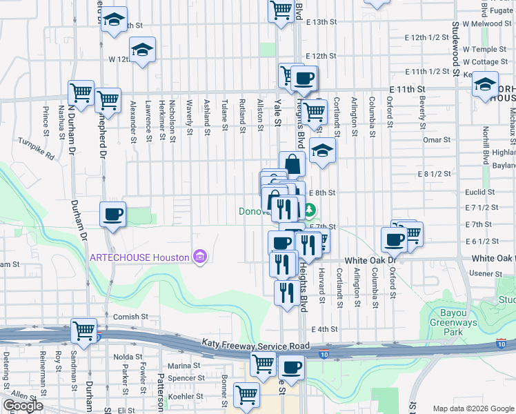map of restaurants, bars, coffee shops, grocery stores, and more near 726 Allston Street in Houston