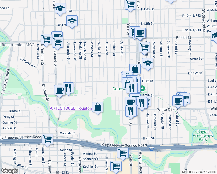 map of restaurants, bars, coffee shops, grocery stores, and more near 721 Rutland Street in Houston