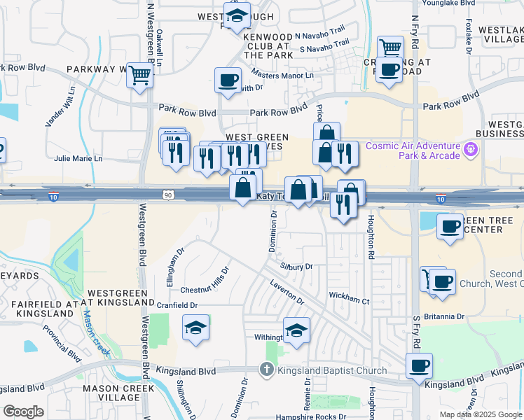 map of restaurants, bars, coffee shops, grocery stores, and more near 20501 Interstate 10 Frontage Road in Katy