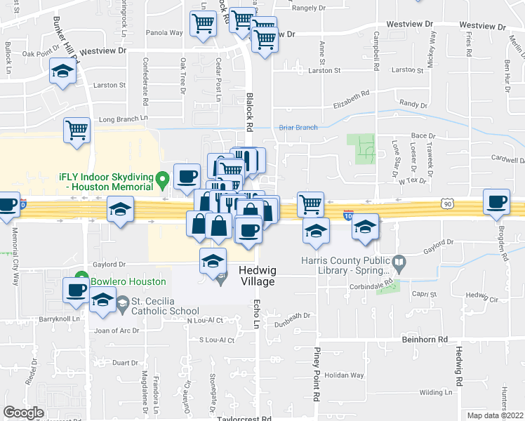 map of restaurants, bars, coffee shops, grocery stores, and more near Katy Fwy in Houston