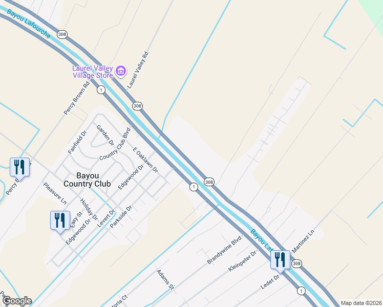 map of restaurants, bars, coffee shops, grocery stores, and more near 635 Louisiana 308 in Thibodaux